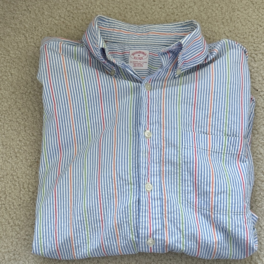 Brooks Brothers Seersucker Classic Striped Button-Down Shirt - Blue & White